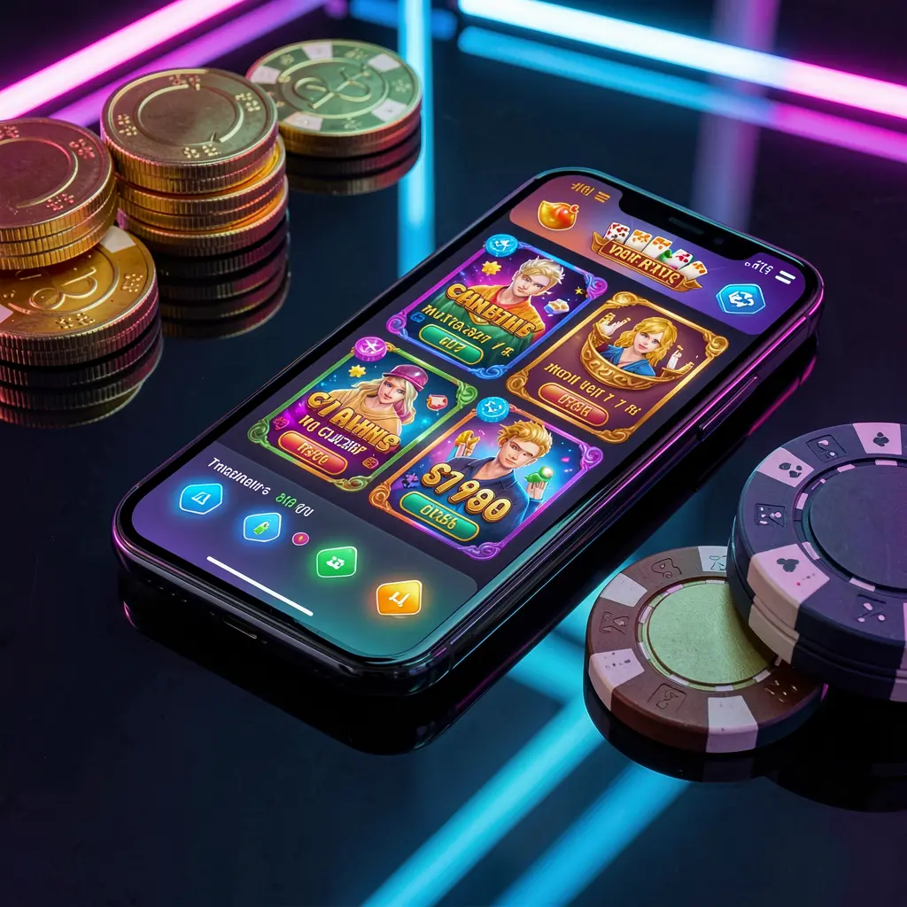 GL666 mobile casino dashboard on smartphone displaying colorful gaming interface with golden coins and poker chips on glossy table under elegant neon lighting