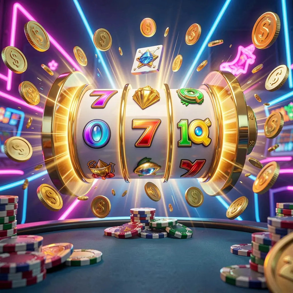 GL666 online casino free spins bonus concept featuring colorful slot machine reels spinning with golden light effects, flying coins, jackpot symbols, and casino chips on a vibrant neon background in a high quality 3D render