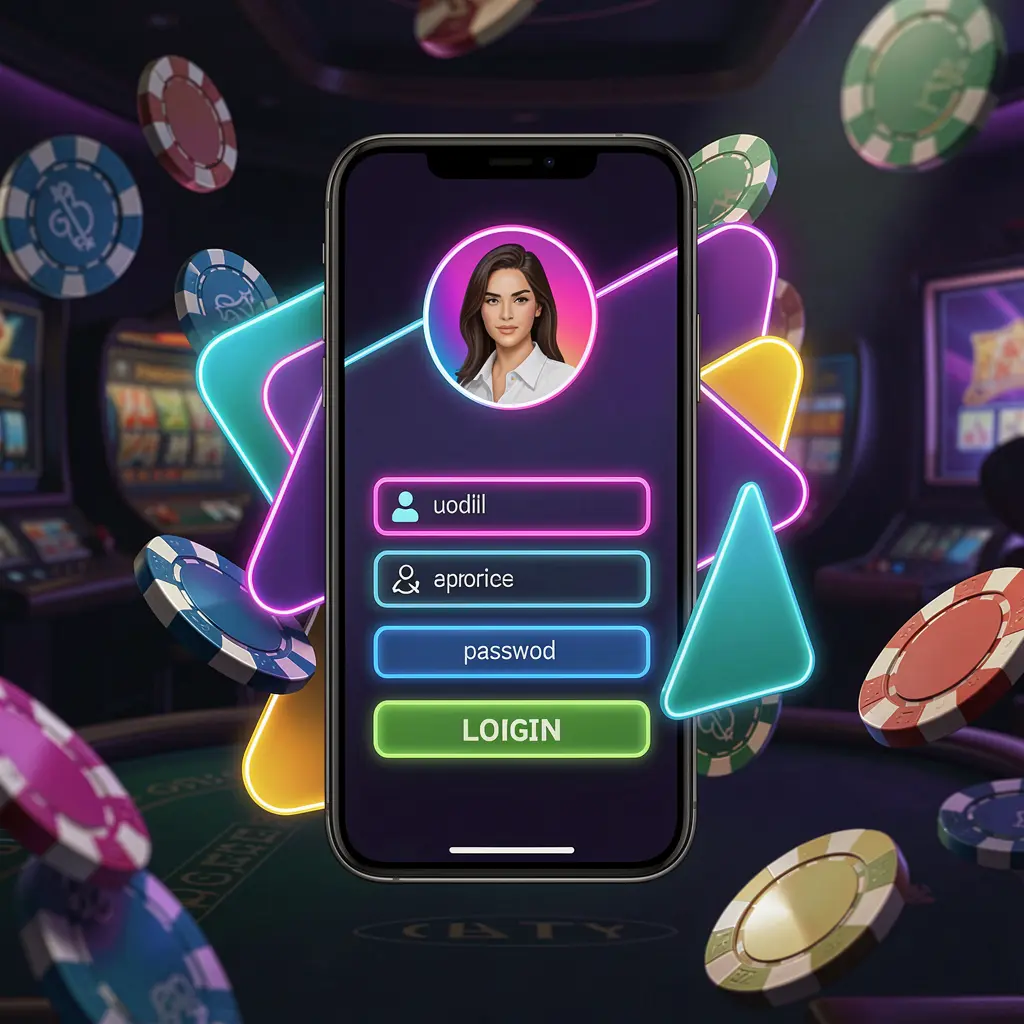 GL666 mobile casino login screen on a phone with abstract UI shapes for user profile and password fields, neon glow effects, flying chips and coins in a dark premium casino atmosphere