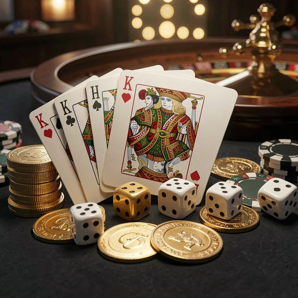 GL666 elegant online casino homepage featuring a royal flush of cards, dice, golden coins, and poker chips on a dark table with a glowing roulette wheel in the background